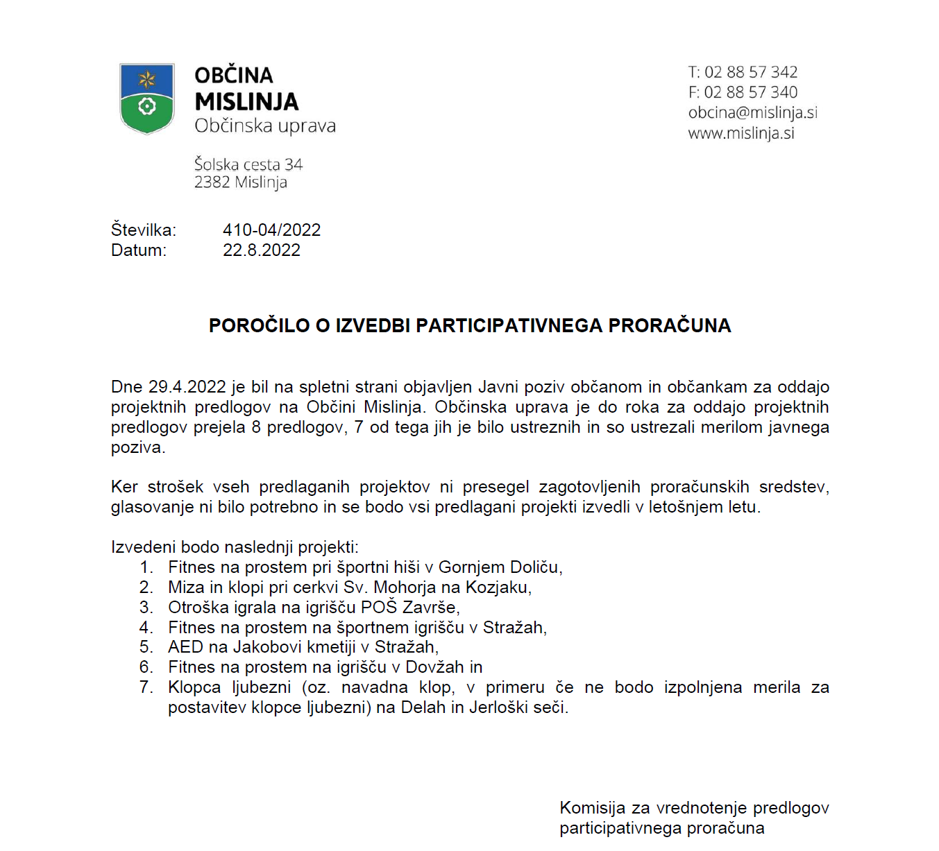 Poročilo o izvedbi participativnega proračuna